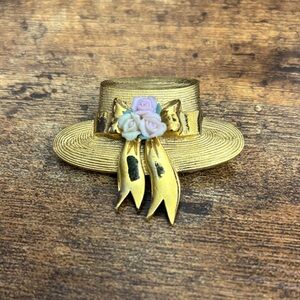 Vintage Gold Hat Brooch with Porcelain Roses